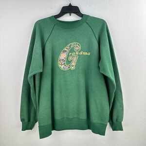 Vintage‎ Hanes Sweatshirt Womens L Green Grandma Embroidered Crew Neck Floral